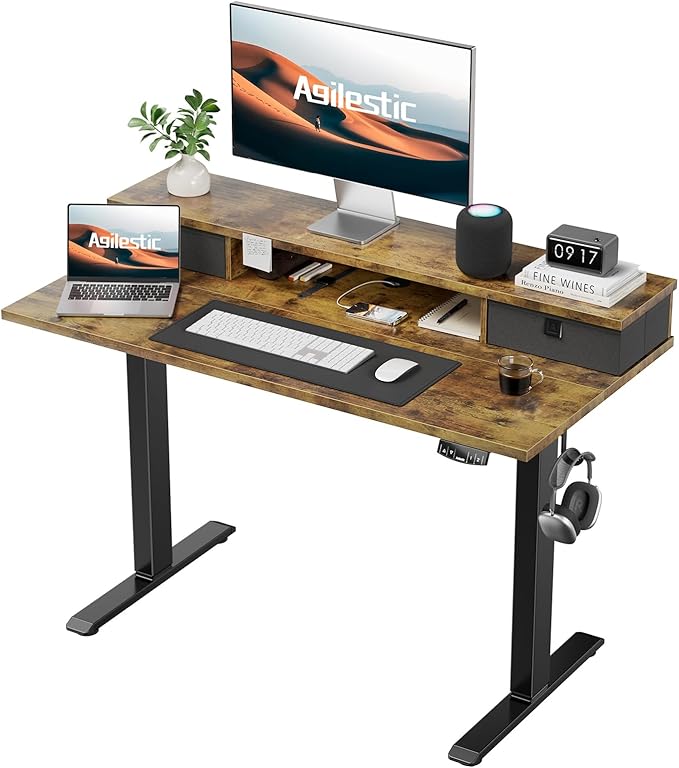 Agilestic 40 x 24 Inches Height Adjustable Electric Standing Desk with 2 Drawers, Stand Up Electric Standing Desk Adjustable Height, Sit and Stand Computer Table with Splice Board, Rustic Brown