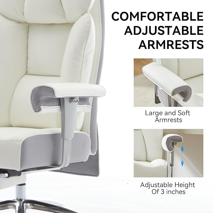 Efomao Big and Tall Office Chair 450LBS with Foot Rest, High Back PU Leather Executive Office Chair with Adjustable Padded Armrests, Lumbar Support for Home or Work, Heavy Duty Computer Chair, White