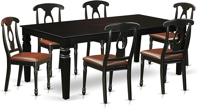 East West Furniture LGKE7-BLK-LC 7 Piece Modern Dining Table Set Consist of a Rectangle Wooden Table with Butterfly Leaf and 6 Faux Leather Dining Room Chairs, 42x84 Inch, Black