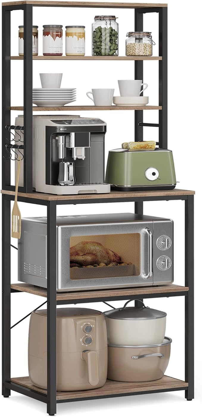 VASAGLE Coffee Bar, Baker’s Rack for Kitchen with Storage, 6-Tier Kitchen Shelves with 6 Hooks, Microwave Stand, Industrial, 15.7 x 23.6 x 65.7 Inches, Greige and Black UKKS024B02
