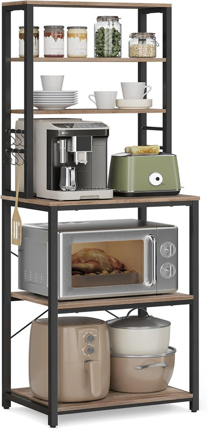VASAGLE Coffee Bar, Baker’s Rack for Kitchen with Storage, 6-Tier Kitchen Shelves with 6 Hooks, Microwave Stand, Industrial, 15.7 x 23.6 x 65.7 Inches, Greige and Black UKKS024B02