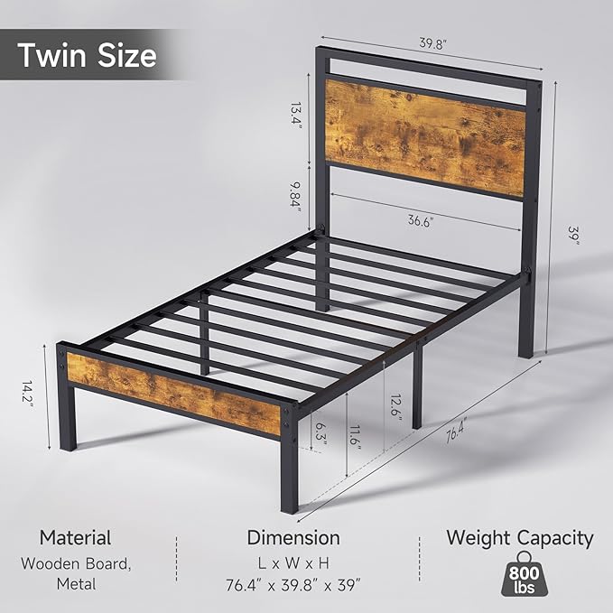 Z-hom Upgraded Twin Bed Frames, Heavy Duty Metal Sturdy Bed Frame Twin Size with Modern Wood Headboard & Footboard, Stable Platform Bed Furniture Bed Storage, No Noise, No Box Springs, Vintage Brown
