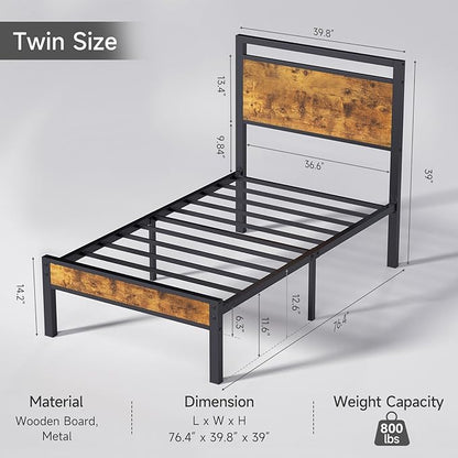 Z-hom Upgraded Twin Bed Frames, Heavy Duty Metal Sturdy Bed Frame Twin Size with Modern Wood Headboard & Footboard, Stable Platform Bed Furniture Bed Storage, No Noise, No Box Springs, Vintage Brown