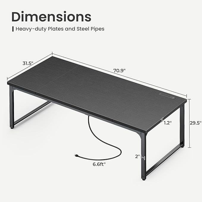 Huuger 71 x 31.5 Inch Desk with Power Outlets & USB-C,1.2 Inch Thicker Desktop, Robust Metal Tubes, Deep Computer Desk, Heavy Duty Office Desk, Work Desk for Home Office, Black
