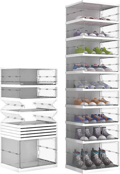 FAHKNS Foldable Shoe Rack,Portable Shoe Organizer Storage Cabinet with Magnetic Clear Door,No Assembly for Entryway Living Room and Bedroom 9 Tiers 16 Pairs