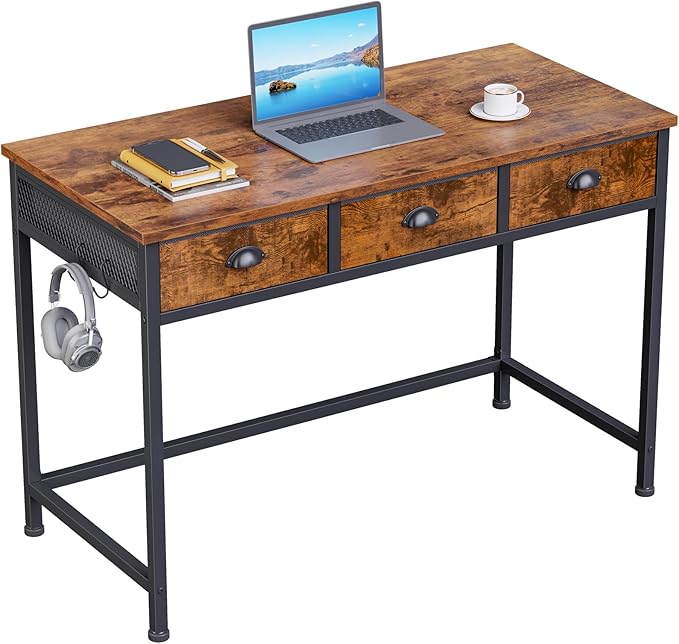 Furologee Small Computer Desk with 3 Fabric Drawers, 40 Inch Simple Home Office Desk, Writing Desk with Hooks, Study Table for Working Small Spaces, Makeup Desk for Bedroom, Rustic Brown