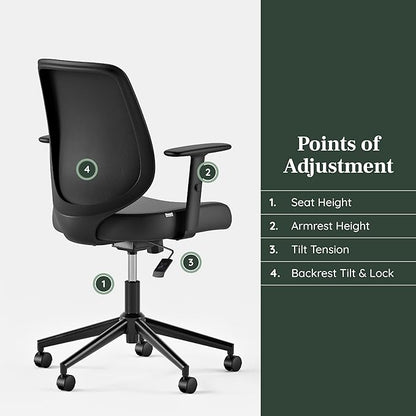 Branch Daily Chair - Vegan Leather Office Chair with Swivel, Lumbar Rest, and Adjustable Armrests - Comfortable Seating for Improved Posture and Productivity - Black