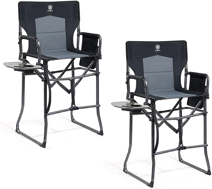 EVER ADVANCED 2 Piece Portable 30.7" Seat Height Tall Folding Camping Chair Directors Chair High with Side Table for Makeup Artist, Sports Event, Craft Show, Supports 350LBS Black Grey