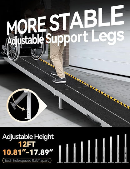 FACHNUO 12 Feet Wheelchair Ramp with Support Legs, Folded Aluminum Handicap Ramps, Portable Detachable Wheel Chair Ramp for Home Steps, Stairs, Entry, Threshold, Doorways, 800LBS Capacity