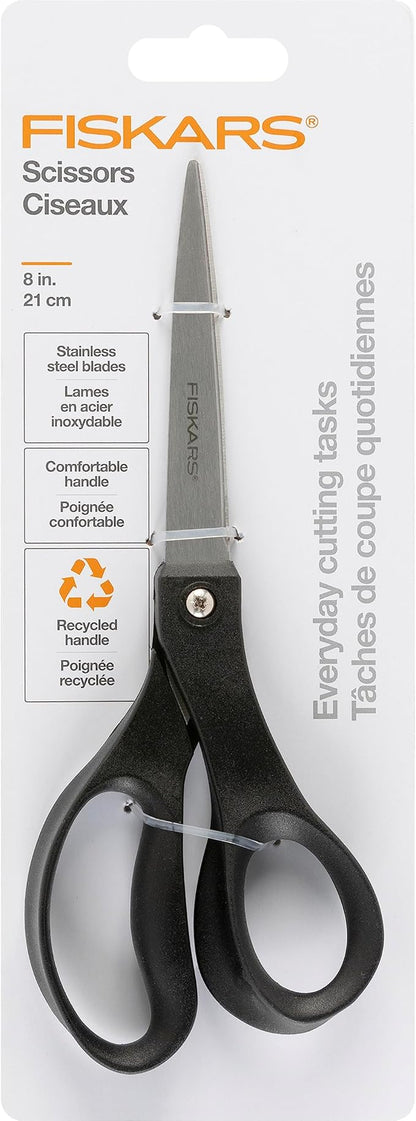 Fiskars 8” Everyday Recycled Stainless Steel Scissors (1-Pack) with Ergonomic Handles, Home & Office Scissors for Cutting Paper, Cardboard, Photos and More, Gray