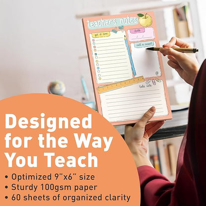 Sweetzer & Orange Teacher Planner Pad – Weekly Undated Lesson Planner for Teachers – 60 Tear-Off Sheets – 9” x 6” Compact Desk Notepad with Notes and Contact Section – Stylish Peach Border