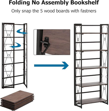 VECELO Bookshelf, 5 Shelf Folding Bookcase No Assembly, Industrial Metal Freestanding Shelves Rack Organizer for Living Room, Office, Bedroom, Kitchen, Set of 2, Dark Brown