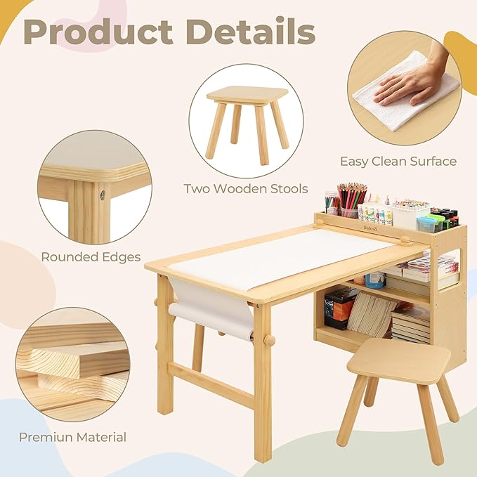 Kids Art Table and 2 Chairs Set with Roll Paper & Storage, Wooden Kid Craft Table for Drawing, Learning and Reading, Toddler Activity Play Desk for Home, Playroom or Classroom