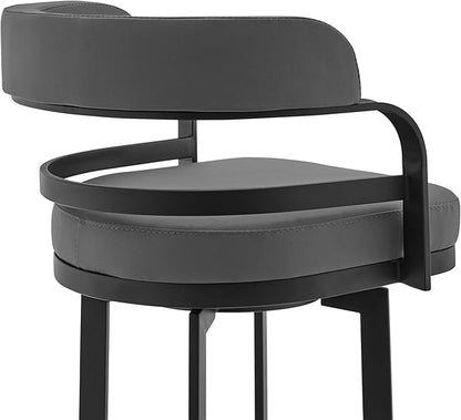 Armen Living Prinz Modern 26" Seat Height Gray Faux Leather and Black Steel Metal Swivel Bar Stool for Kitchen Island Counter