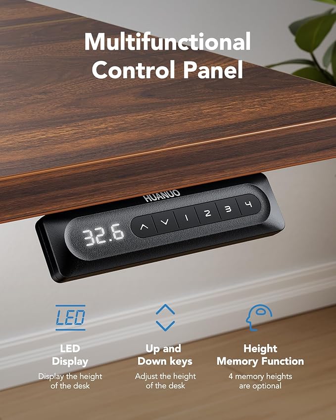 HUANUO 55" x 28" Electric Standing Desk Adjustable Height, 4 Memory Height Settings, Headphone Hook, Cable Manager, Sit Stand Up Desk for Home Office & Computer Workstation, Walnut