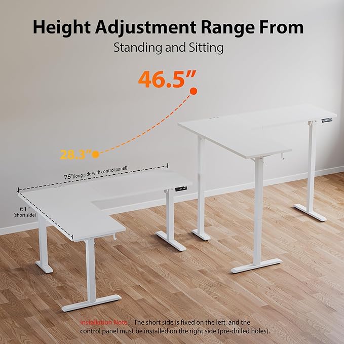 Agilestic L-Shaped Standing Desk Adjustable Height, Electric Corner Standing Desk, Sit Stand Up, 75x61 inch Sit Stand Computer Table, White
