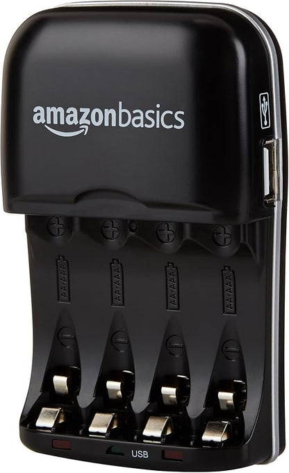 Amazon Basics Rechargeable Battery Charger for AA & AAA Ni-MH Batteries with USB Port, Portable, Travel-Friendly, Over-Charge Protection, Black
