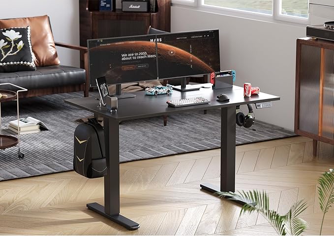 Seang Electric Standing Desk Adjustable Height, 55 x 24 Inch Sit Stand Desk with T-Shaped Frame, 3 Memory Presets & Cable Management for Home Office Computer Workstation, Black Frame/Black Top