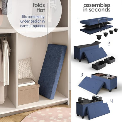 STORAGEBUD Storage Ottoman Bench with Bins, 30-in Storage Bench for Bedroom End of Bed, Folding Foot Rest Ottoman for Living Room Max 660lbs, Fabric Ottomans, Blue