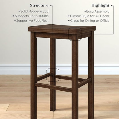 Grain & Grove Smith Collection Solid Wood Bar Stool, 30 inch Saddle-Seat Bar Chair, Backless, Heavy-Duty Construction, Footrest Support, Ideal for Kitchen Islands, Home Bars, and Counters, Walnut