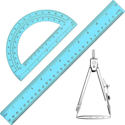 Zonon 3 Pcs Plastic Ruler 6 Inch Protractor Drawing Compass Set, Student Geometry Math Transparent Measuring Tools for Home School Classroom Office Supplies(12 Inch,Blue)