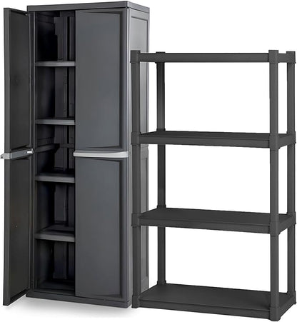 Sterilite 4 Shelf Plastic Storage Unit Bundled with Easy to Assemble Storage Cabinet for Garage, Pantry & Kitchen Organization, 4 Shelves, Gray