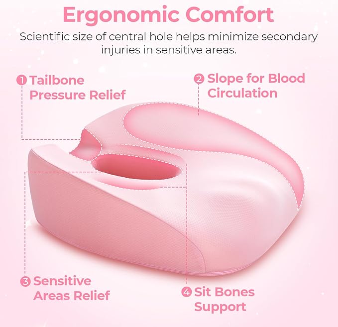 AUVON Innovative Donut Pillow Hemorrhoids Scientific Center Hole and Tailbone Cutout, Orthopedic Pain Relief Donut Seat Cushion for Coccyx, Sciatica, After Surgery Sitting Relief, FSA HSA Eligible