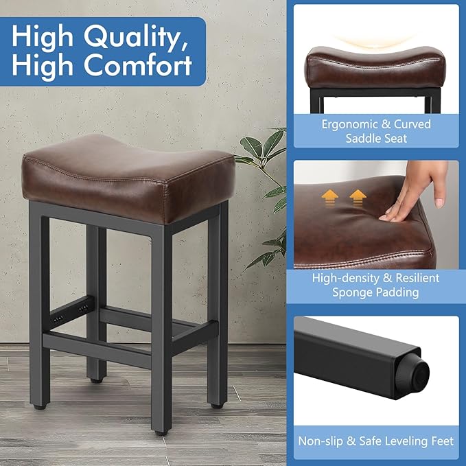Counter Height Bar Stools Set of 3, 24 Inch Barstools for Kitchen Island Counter, Bonded Leather Kitchen Stools with Thick Saddle Seats & Heavy Duty Metal Base, Easy Assembly, Brown/Black