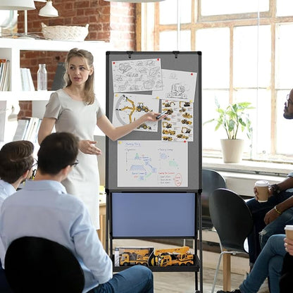 MAKELLO Rolling Whiteboard on Wheels 36x24 in, Double-Side Standing White Board Grey Bulletin Board Combo with Storage Tray for Office Classroom Commerce, Height Adjustable, Aluminum Frame, 3'x2'