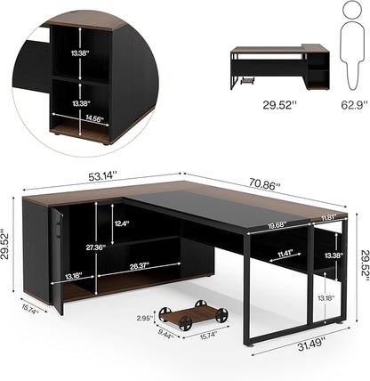 Tribesigns 71 inch Executive Desk, L Shaped Desk with Cabinet Storage, Executive Office Desk with Shelves, Business Furniture Workstation for Home Office, Black and Brown