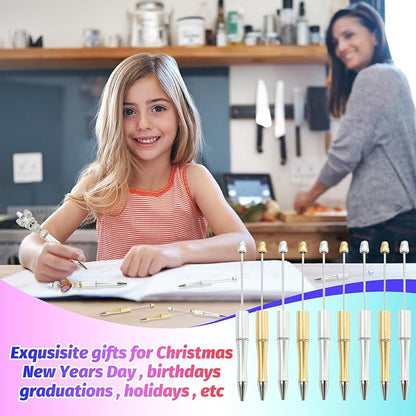 300 Pieces DIY Beadable Pen Kit – 100 Plastic Ballpoint Pens with Refills & Bags – School Supplies, Office Accessories & Decorative Items for Students & Teachers (Silver and Gold)