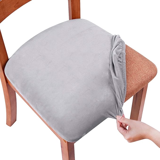 Smiry Velvet Seat Covers for Dining Room Chair Set of 4, Stretch Fit Removable Washable Chair Seat Cushion Protector Slipcovers with Ties, Light Grey