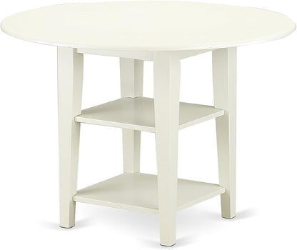 East West Furniture SUDA3-LWH-W 3 Piece Dining Room Table Set Contains a Round Dining Table with Dropleaf & Shelves and 2 Wood Seat Chairs, 42x42 Inch, Linen White