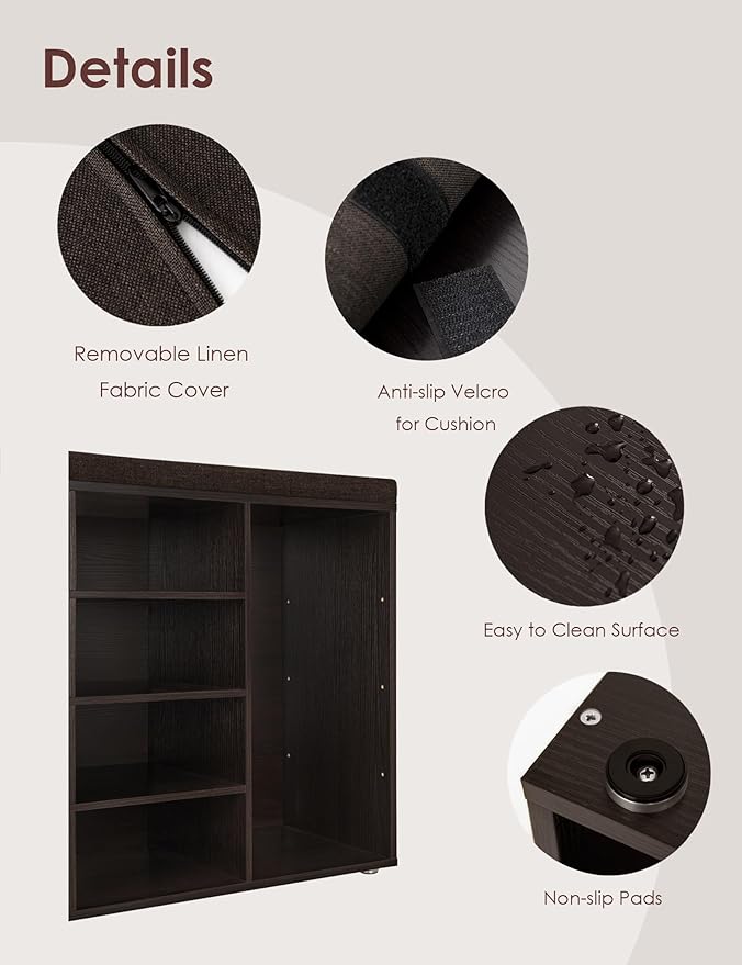 DINZI LVJ Shoe Storage Bench with Cushion, 16-Cubby Shoe Rack, Adjustable Shelves, Multifunctional Shoe Organizer Bench for Entryway, Mudroom, Hallway, Living Room, Bedroom and Garage, Espresso