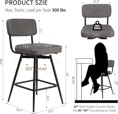 Swivel Counter Height Bar Stools Set of 2, Faux Leather Bar Stools with Back, Metal Legs and Footrest, 26" Seat Height Barstools for Kitchen Islands and Home Bars, Easy Assembly, Grey&Black