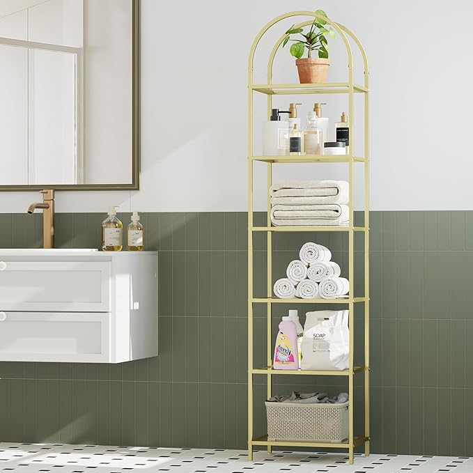 Homhedy Bookshelf Arched Display Racks,Metal Bookcase,Tempered Glass Shelves,Storage Rack Shelf for Home Office,Living Room,Bedroom, Bathroom,Modern Style (Golden, 11.8" D x 13.8" W x 68.1" H)