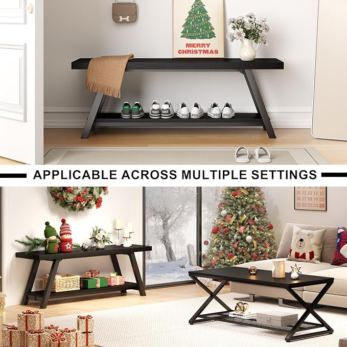 LVB Black Bench, Modern Storage Bench for Bedroom, Wood Metal Entryway Bench for Hallway Dining Living Room, Famrhouse Shoe Rack Indoor Accent Seating Benchs for Foyer Entrance, Black Oak 47 Inch Long