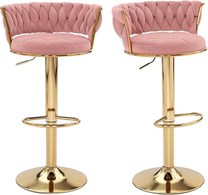 VECELO Bar Stools Set of 2, Adjustable Barstools Counter Height Stools with Back and Arm, Velvet Woven Kitchen Island Stools w/Gold Metal Leg & Base, 360° Swivel Bar Chair, Pink