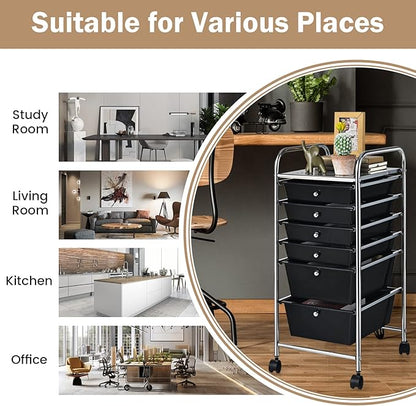 COSTWAY 6-Drawer Rolling Storage Cart, Multifunctional Art Craft Tools Organizer on Wheels, Heavy Duty Utility Mobile Storage Trolley w/ 2 Lockable Wheels for Home Office School (Black)