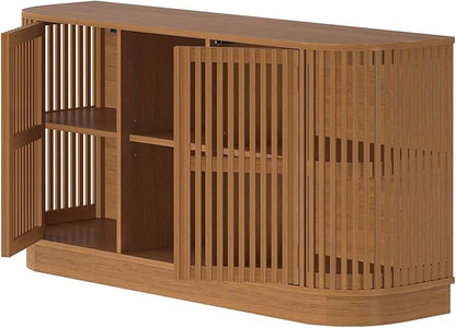 Plank+Beam Contour Wood TV Stand, Two Door Solid Wood Entertainment Console with Storage, 59" L x 16" W x 30" H, Pecan