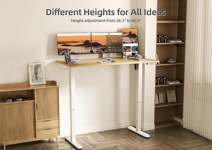 Claiks Bamboo Electric Standing Desk, Adjustable Height Stand up Desk, 55x24 Inches Sit Stand Home Office Desk with Splice Board, White Frame/BambooTop