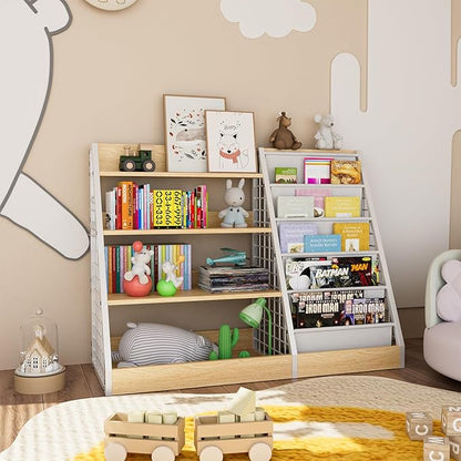 Kids Book Shelf,4 Tier Wooden Bookshelf,5 Layer Sling Children Bookcase,Toy Organizer Cabinet Chest,Book Display Shelf with Metal Frame, Nursery Playroom Classroom Library (Natural)