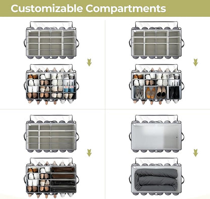 Shoe Organizer for Closet, Shoe Storage Solution with Clear Cover & Adjustable Dividers, Fabric Shoe Box Fits 16 +12 Pairs Shoes, Grey, 2-Pack