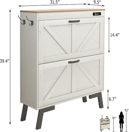 TaoHFE Farmhouse Small Shoe Cabinet Storage for Entryway,Deodorizing Shoe Organizer Cabinet Storage with 2 Flip Drawers,White flip Drawer Shoe Cabinet Hidden Cabinet Foyer,Hallway