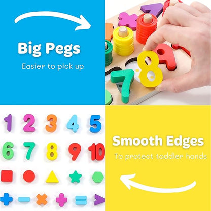 Wooden Montessori Toys for Kids Toddler Number Puzzles Sorter Counting Shape Stacker Stacking Game Preschool Toys for Boy Girl Learning Education Math Blocks Year Old Girl Gifts (Rainbow)