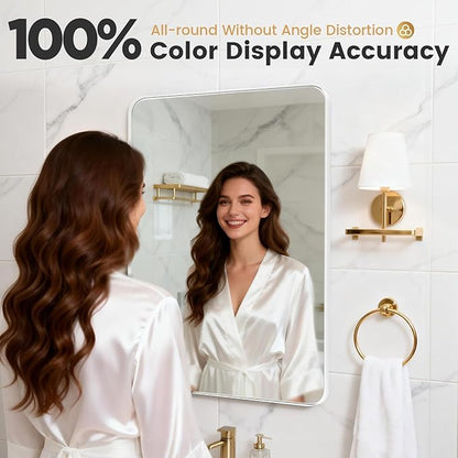 22" x 34" Bathroom Mirror Wall Mounted, Matte Aluminum Alloy Frame with Rounded Corners, Shatterproof Tempered Glass, Anti-Rust HD Vanity Mirror for Bathroom, Bedroom, Entryway (White)