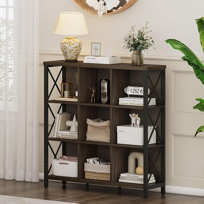 FATORRI 9 Cube Storage Bookshelf, Modern 4 Shelf Book Shelf, Wood and Metal Cubby Bookcase for Home Office (39.38 Inch W, Walnut Brown)