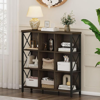 FATORRI 9 Cube Storage Bookshelf, Modern 4 Shelf Book Shelf, Wood and Metal Cubby Bookcase for Home Office (39.38 Inch W, Walnut Brown)