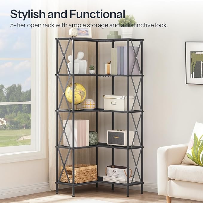 HOOBRO Corner Bookshelf, 5-Tier L-Shaped Bookcase, Industrial Open Display Shelf Tall Storage Organizer, Vertical Storage Rack, for Living Room, Home Office, Black BB60SJ01