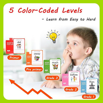 Goldge Sight Words Flash Cards Kindergarten, 220+ High-Frequency Words with Sentences Reading Writing Spelling Practice Cards with Dry Erase Markers, Learning Activities for Preschool Grade 1 2 3